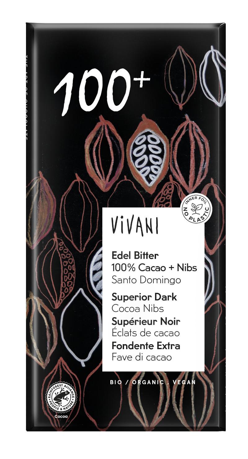 Tabulková okoláda Edel Horká 100% Cacao + Nibs veganská BIO Vivani 10x80g
